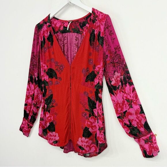 Free People Mikayla Red Pink Floral Hook Closure Blouse  in Scarlett Combo - Picture 7 of 16